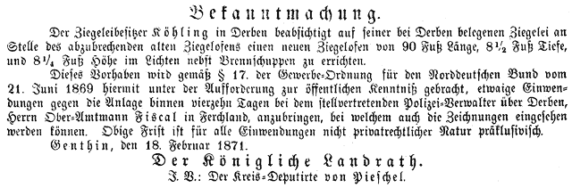 Bekanntmachung: Ziegeleibesitzer Khling ... Neuer Ziegelofen 1871. 