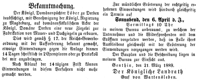 Bekanntmachung Domne Derben. Domnenpchter Lber, neue Ziegelei 1889.