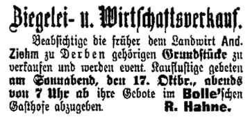 Ziegeleiverkauf. Landwirt Andreas Ziehm zu Derben 1914.
