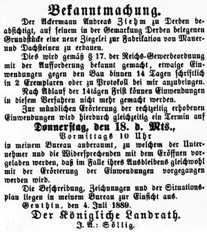 Bekanntmachung Ackermann Andreas Ziehm. Erbeuung einer Ziegelei 1889