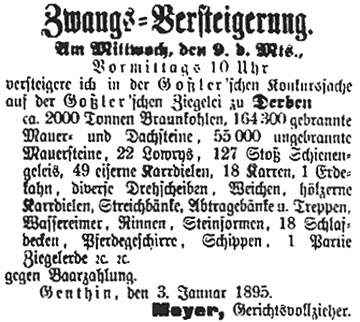 Zwangsversteigerung der Ziegelei Goler 1895.