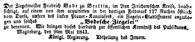 Mitteilung Amtsblatt Regierung Magdeburg 1843 Bodesche Ziegelei in Brettin