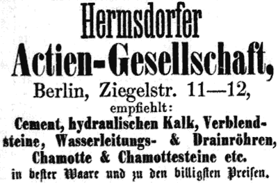 Anzeige Hermsdorfer Actien Gesellschaft Lager Ziegelstrasse 11 Berlin 1872