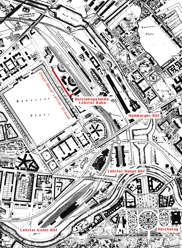 Plan, Karte 1888,  Lehrter Bahnhof, Betriebsgelnde, Ziegelmauer